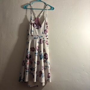 Floral Lace Back Skater Dress Cream Pink Blue Strappy Open Back Size S